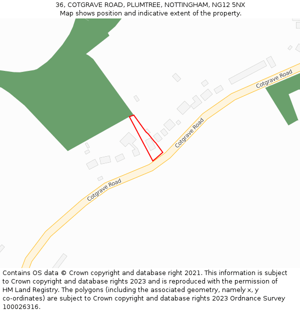 36, COTGRAVE ROAD, PLUMTREE, NOTTINGHAM, NG12 5NX: Location map and indicative extent of plot