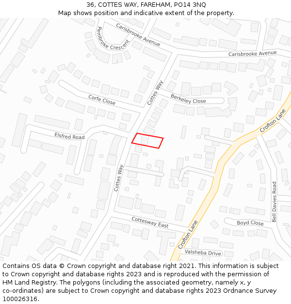 36, COTTES WAY, FAREHAM, PO14 3NQ: Location map and indicative extent of plot