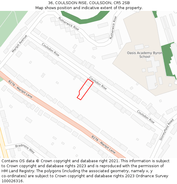 36, COULSDON RISE, COULSDON, CR5 2SB: Location map and indicative extent of plot