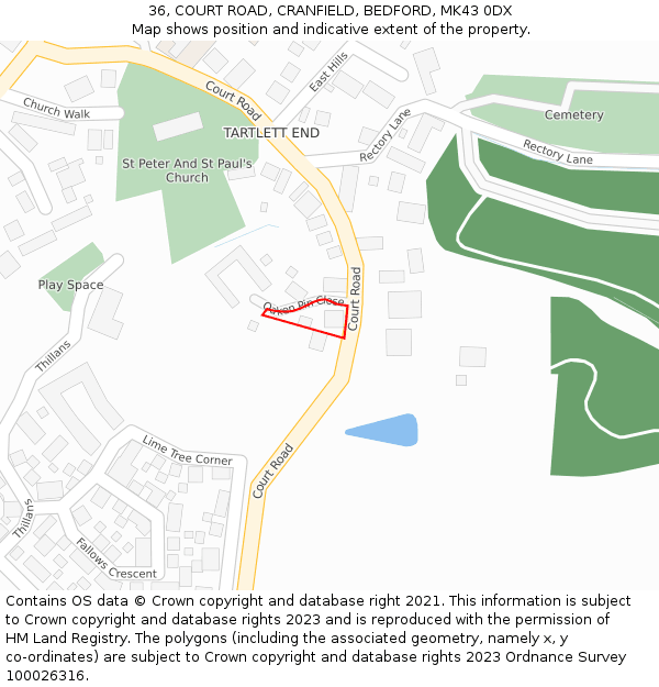 36, COURT ROAD, CRANFIELD, BEDFORD, MK43 0DX: Location map and indicative extent of plot