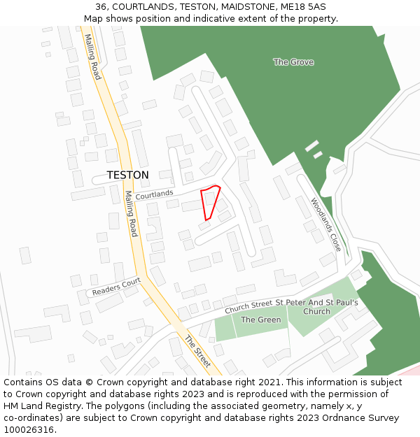 36, COURTLANDS, TESTON, MAIDSTONE, ME18 5AS: Location map and indicative extent of plot