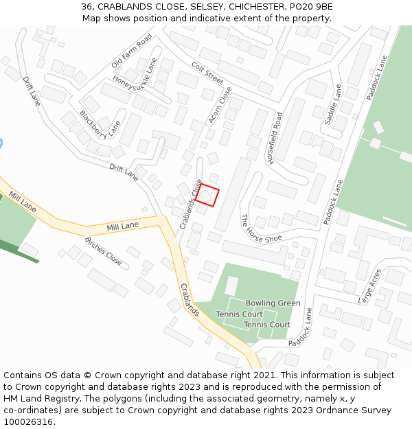 36, CRABLANDS CLOSE, SELSEY, CHICHESTER, PO20 9BE: Location map and indicative extent of plot