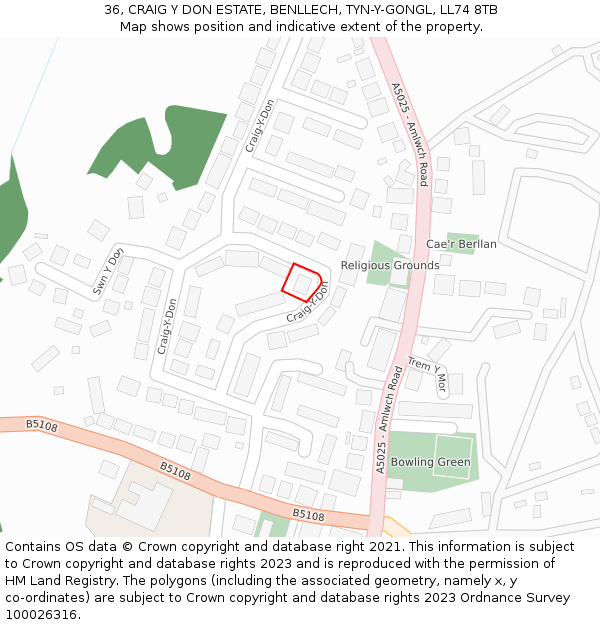 36, CRAIG Y DON ESTATE, BENLLECH, TYN-Y-GONGL, LL74 8TB: Location map and indicative extent of plot