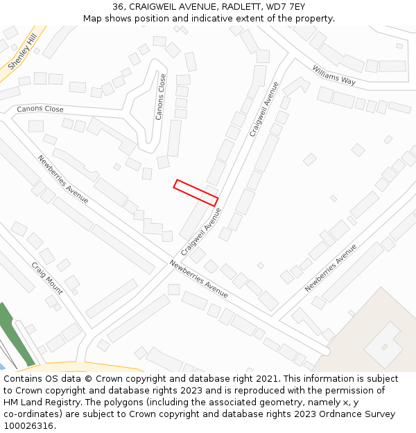 36, CRAIGWEIL AVENUE, RADLETT, WD7 7EY: Location map and indicative extent of plot