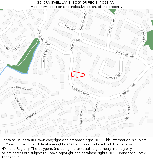 36, CRAIGWEIL LANE, BOGNOR REGIS, PO21 4AN: Location map and indicative extent of plot