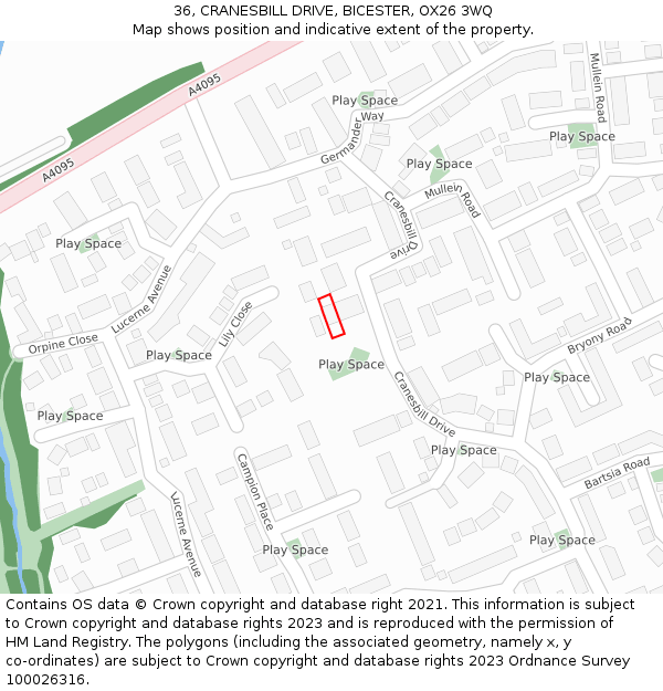 36, CRANESBILL DRIVE, BICESTER, OX26 3WQ: Location map and indicative extent of plot