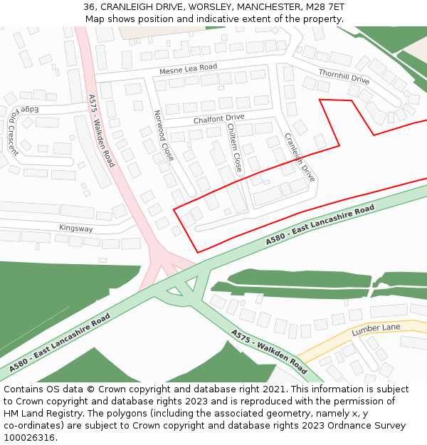 36, CRANLEIGH DRIVE, WORSLEY, MANCHESTER, M28 7ET: Location map and indicative extent of plot