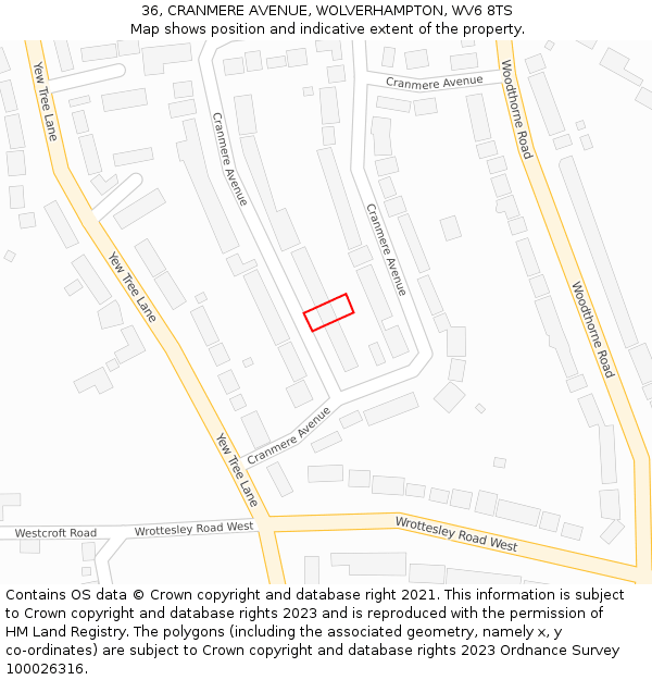 36, CRANMERE AVENUE, WOLVERHAMPTON, WV6 8TS: Location map and indicative extent of plot