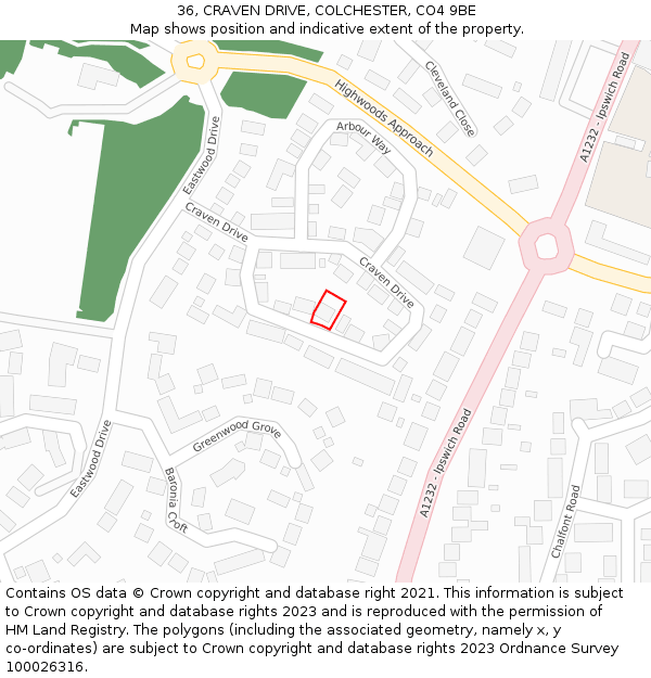 36, CRAVEN DRIVE, COLCHESTER, CO4 9BE: Location map and indicative extent of plot