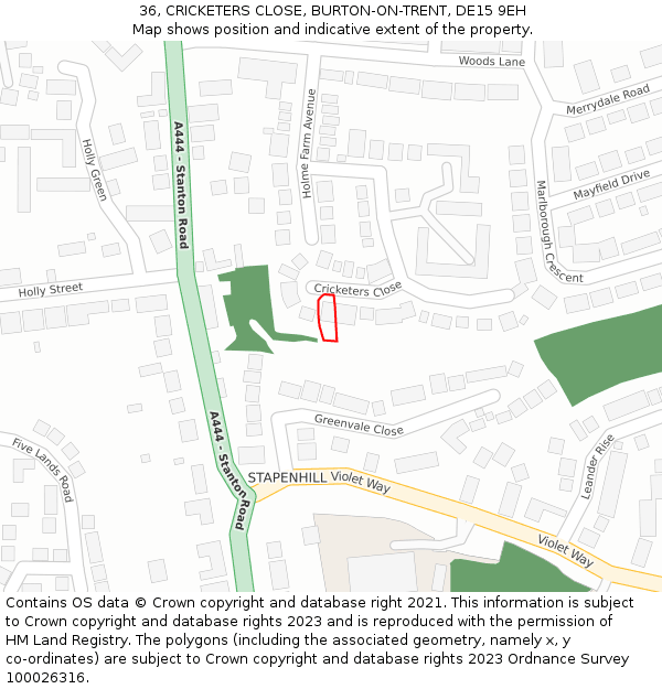 36, CRICKETERS CLOSE, BURTON-ON-TRENT, DE15 9EH: Location map and indicative extent of plot