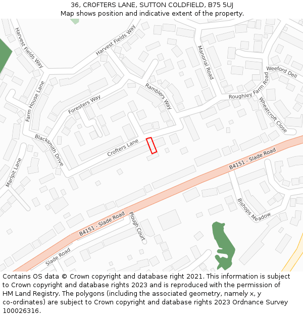 36, CROFTERS LANE, SUTTON COLDFIELD, B75 5UJ: Location map and indicative extent of plot