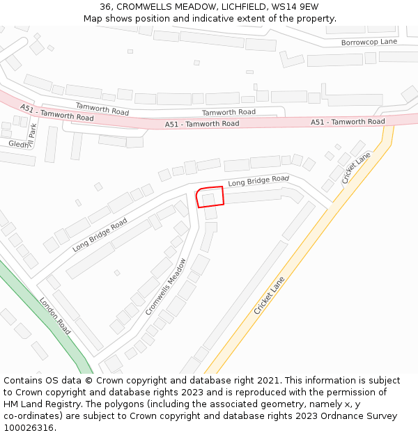36, CROMWELLS MEADOW, LICHFIELD, WS14 9EW: Location map and indicative extent of plot