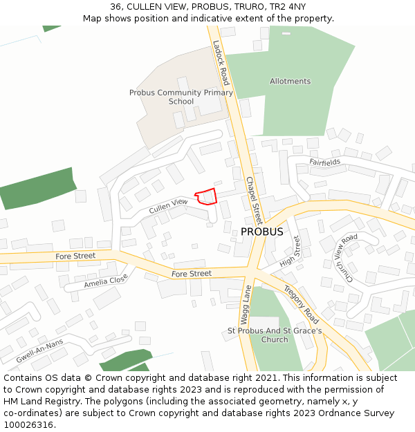 36, CULLEN VIEW, PROBUS, TRURO, TR2 4NY: Location map and indicative extent of plot