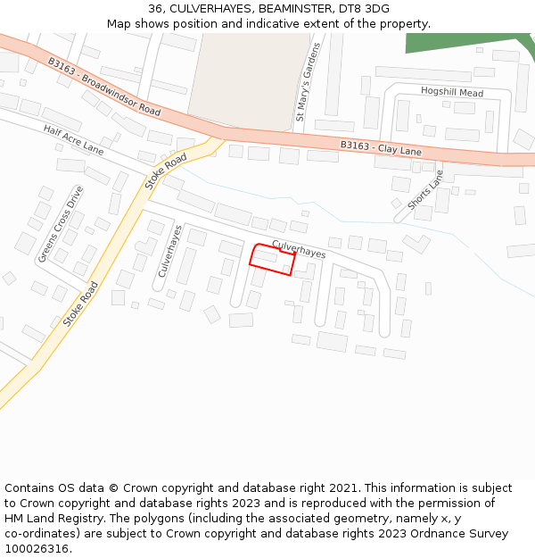 36, CULVERHAYES, BEAMINSTER, DT8 3DG: Location map and indicative extent of plot