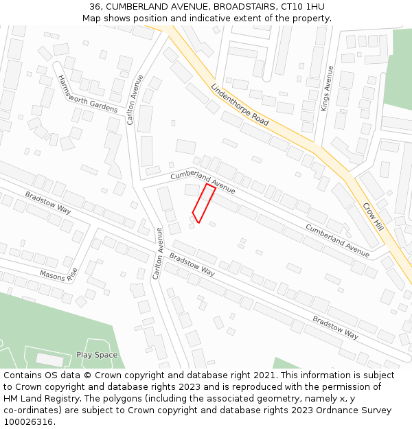 36, CUMBERLAND AVENUE, BROADSTAIRS, CT10 1HU: Location map and indicative extent of plot