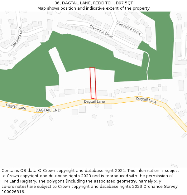 36, DAGTAIL LANE, REDDITCH, B97 5QT: Location map and indicative extent of plot