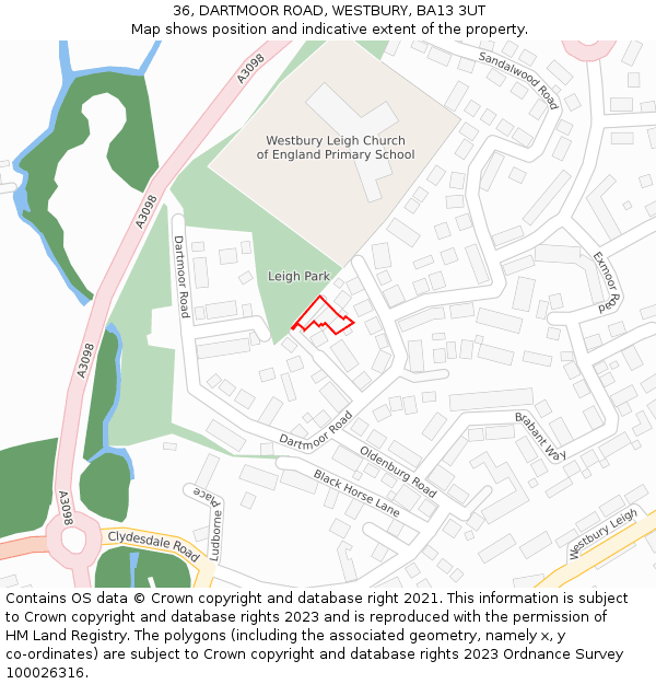 36, DARTMOOR ROAD, WESTBURY, BA13 3UT: Location map and indicative extent of plot