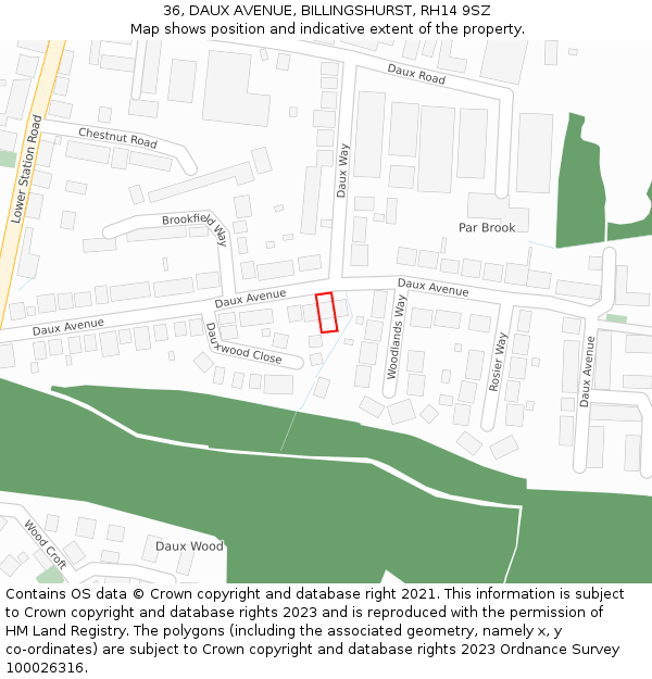 36, DAUX AVENUE, BILLINGSHURST, RH14 9SZ: Location map and indicative extent of plot