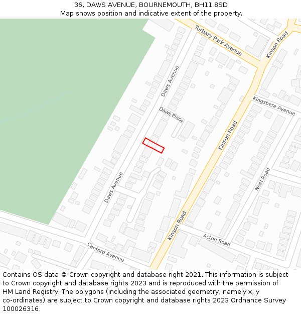 36, DAWS AVENUE, BOURNEMOUTH, BH11 8SD: Location map and indicative extent of plot