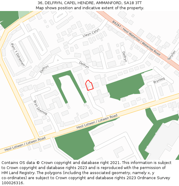 36, DELFRYN, CAPEL HENDRE, AMMANFORD, SA18 3TT: Location map and indicative extent of plot