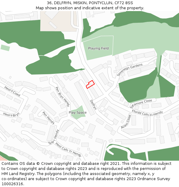 36, DELFRYN, MISKIN, PONTYCLUN, CF72 8SS: Location map and indicative extent of plot