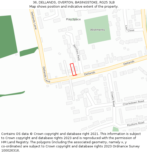 36, DELLANDS, OVERTON, BASINGSTOKE, RG25 3LB: Location map and indicative extent of plot