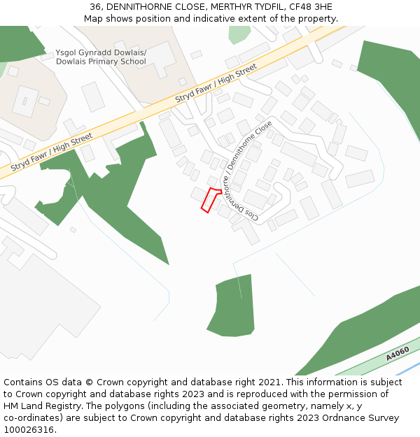 36, DENNITHORNE CLOSE, MERTHYR TYDFIL, CF48 3HE: Location map and indicative extent of plot