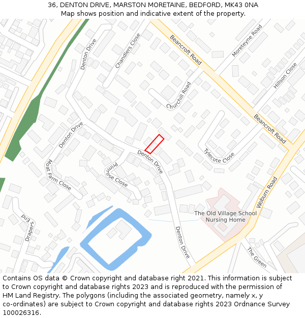 36, DENTON DRIVE, MARSTON MORETAINE, BEDFORD, MK43 0NA: Location map and indicative extent of plot