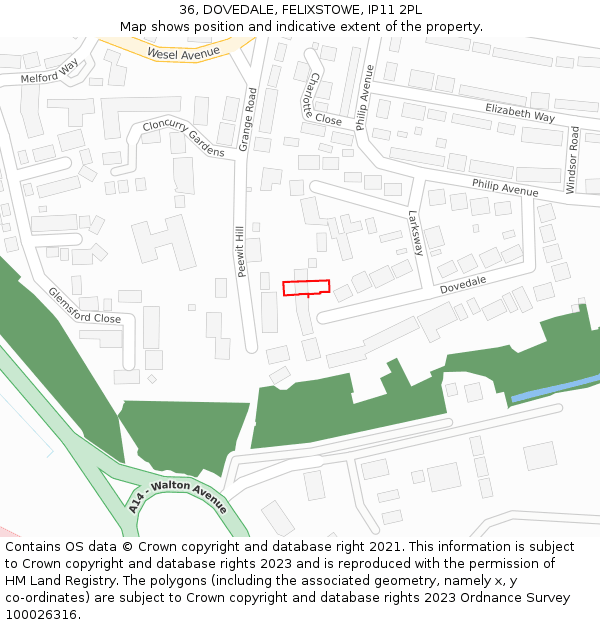 36, DOVEDALE, FELIXSTOWE, IP11 2PL: Location map and indicative extent of plot