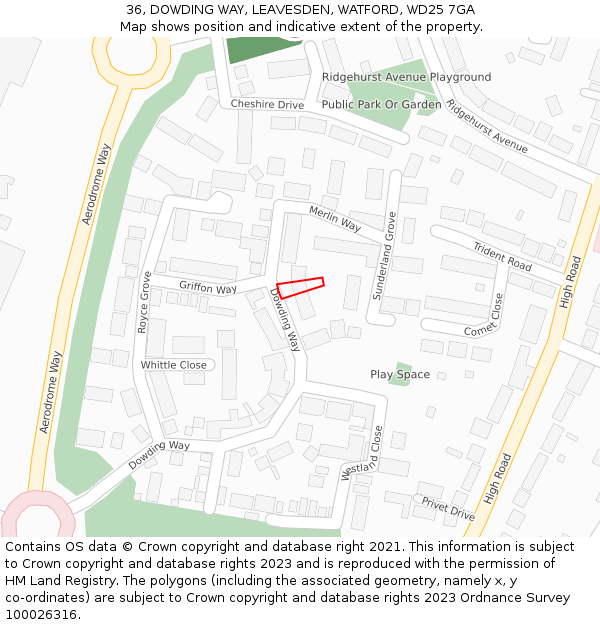 36, DOWDING WAY, LEAVESDEN, WATFORD, WD25 7GA: Location map and indicative extent of plot