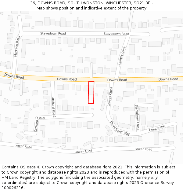 36, DOWNS ROAD, SOUTH WONSTON, WINCHESTER, SO21 3EU: Location map and indicative extent of plot