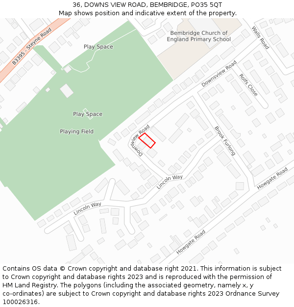 36, DOWNS VIEW ROAD, BEMBRIDGE, PO35 5QT: Location map and indicative extent of plot