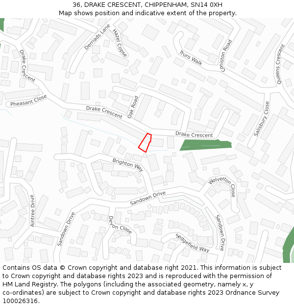 36, DRAKE CRESCENT, CHIPPENHAM, SN14 0XH: Location map and indicative extent of plot