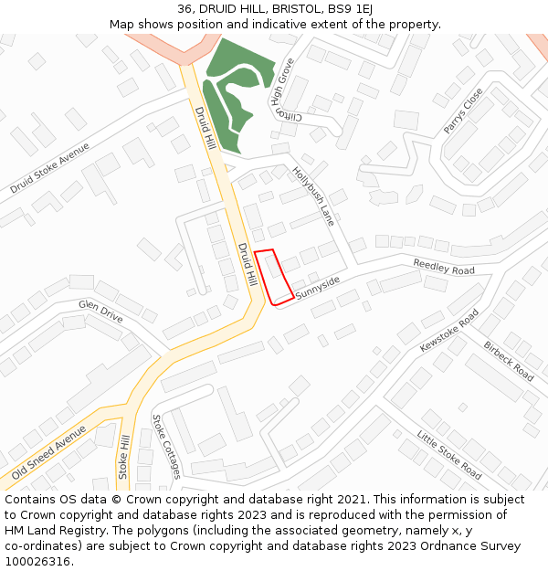 36, DRUID HILL, BRISTOL, BS9 1EJ: Location map and indicative extent of plot