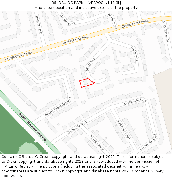 36, DRUIDS PARK, LIVERPOOL, L18 3LJ: Location map and indicative extent of plot