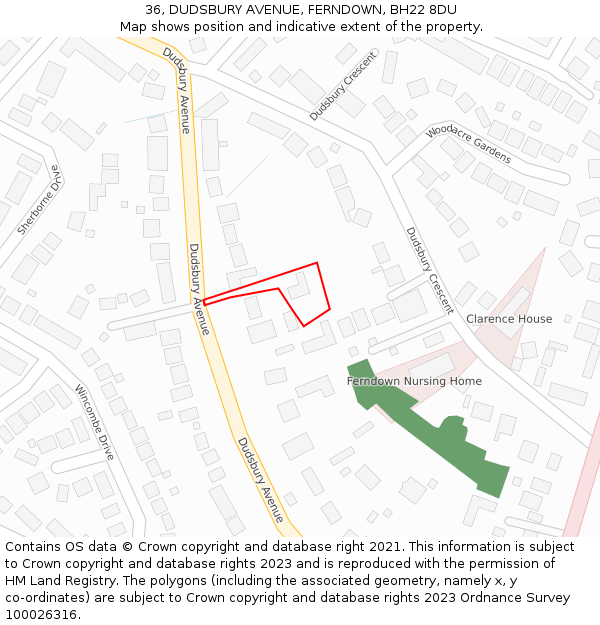 36, DUDSBURY AVENUE, FERNDOWN, BH22 8DU: Location map and indicative extent of plot