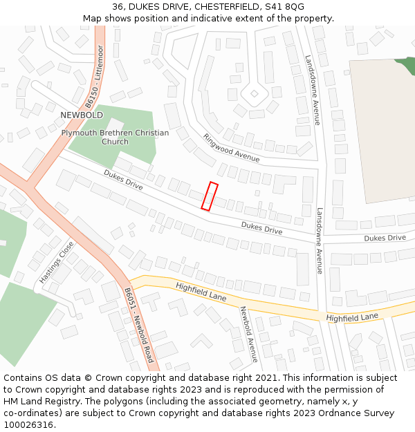 36, DUKES DRIVE, CHESTERFIELD, S41 8QG: Location map and indicative extent of plot