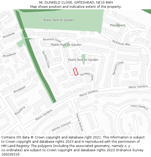 36, DUNKELD CLOSE, GATESHEAD, NE10 8WH: Location map and indicative extent of plot