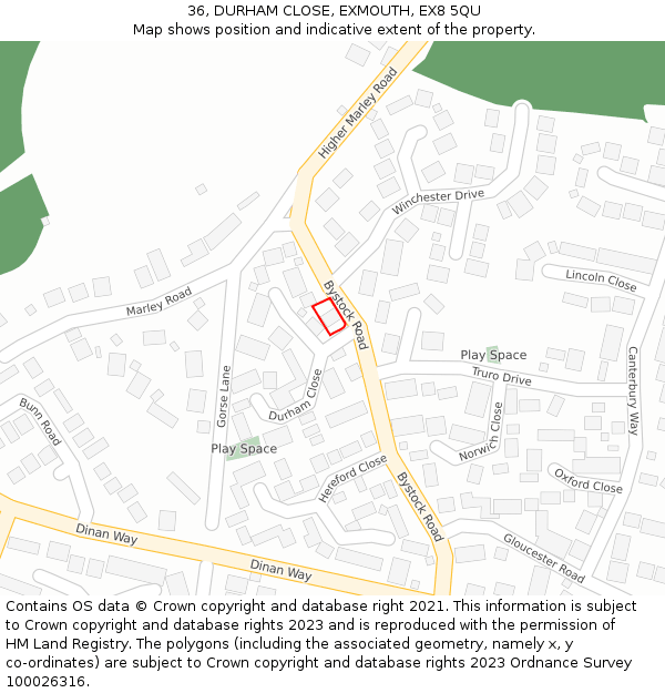 36, DURHAM CLOSE, EXMOUTH, EX8 5QU: Location map and indicative extent of plot