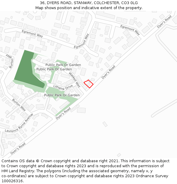 36, DYERS ROAD, STANWAY, COLCHESTER, CO3 0LG: Location map and indicative extent of plot