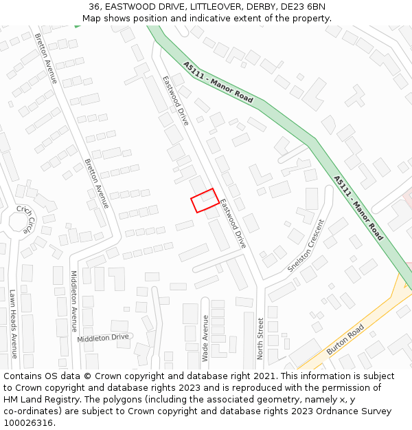 36, EASTWOOD DRIVE, LITTLEOVER, DERBY, DE23 6BN: Location map and indicative extent of plot