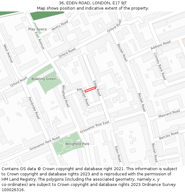 36, EDEN ROAD, LONDON, E17 9JT: Location map and indicative extent of plot