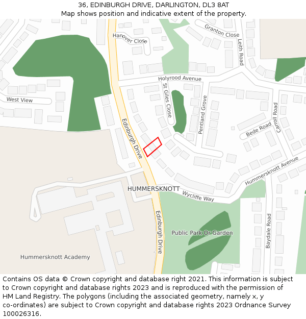 36, EDINBURGH DRIVE, DARLINGTON, DL3 8AT: Location map and indicative extent of plot