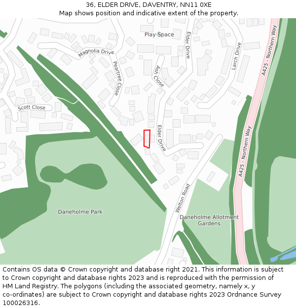 36, ELDER DRIVE, DAVENTRY, NN11 0XE: Location map and indicative extent of plot