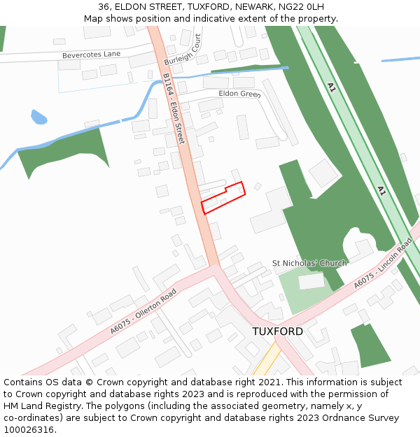 36, ELDON STREET, TUXFORD, NEWARK, NG22 0LH: Location map and indicative extent of plot
