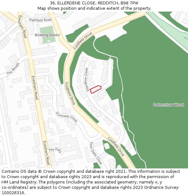 36, ELLERDENE CLOSE, REDDITCH, B98 7PW: Location map and indicative extent of plot