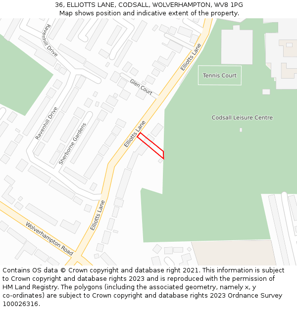 36, ELLIOTTS LANE, CODSALL, WOLVERHAMPTON, WV8 1PG: Location map and indicative extent of plot