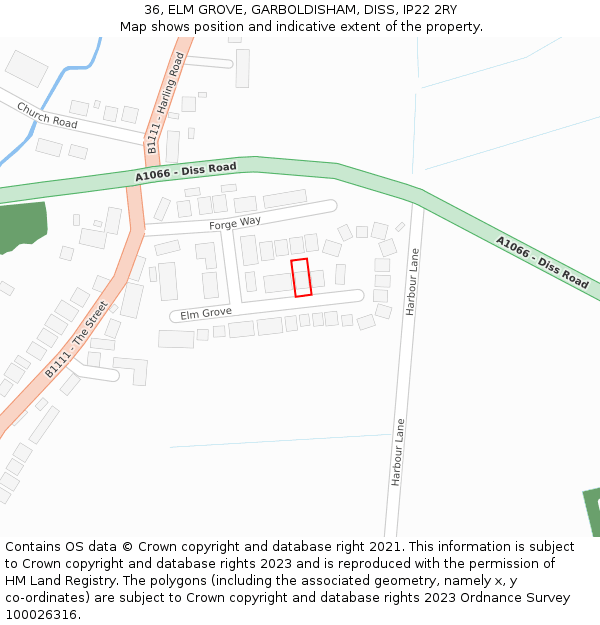 36, ELM GROVE, GARBOLDISHAM, DISS, IP22 2RY: Location map and indicative extent of plot