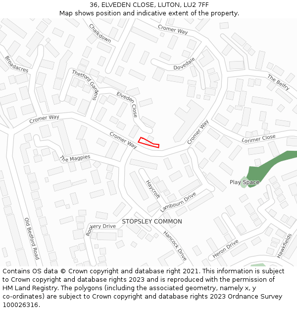 36, ELVEDEN CLOSE, LUTON, LU2 7FF: Location map and indicative extent of plot