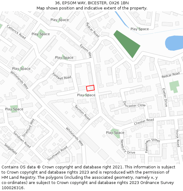36, EPSOM WAY, BICESTER, OX26 1BN: Location map and indicative extent of plot